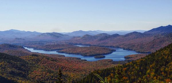 Scenic view of lake and mountains against sky