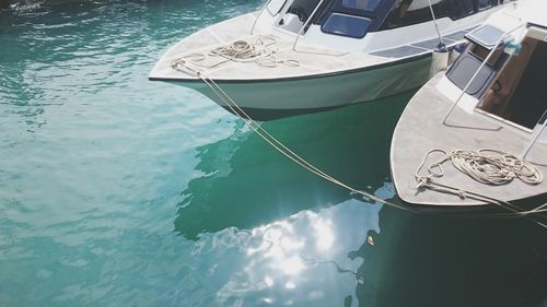 High angle view of boat sailing in sea