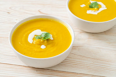 High angle view of soup in bowl on table