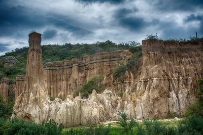 Rock formations on landscape against cloudy sky