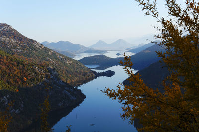 Scenic view of lake and mountains against sky