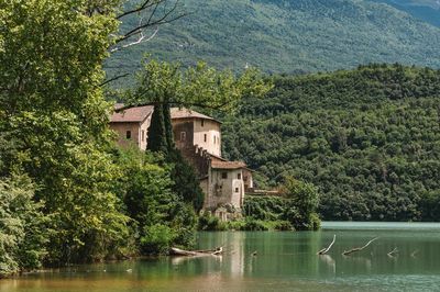 Plants by lake and buildings against mountain in forest