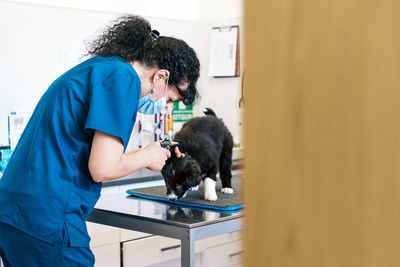 Side view of adult woman in uniform and medical mask checking ear of adorable puppy in office of modern clinic