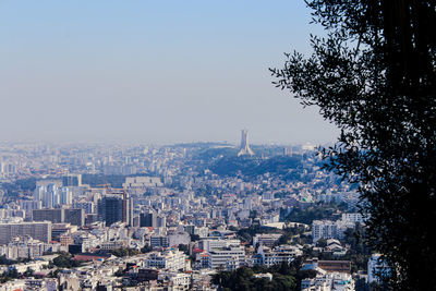 High angle shot of townscape against clear sky