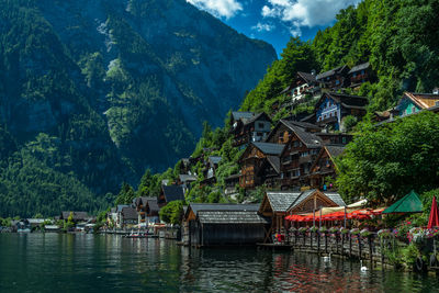 Houses by lake and buildings against mountain