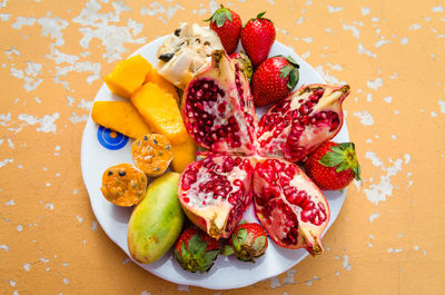 High angle view of fruits in plate