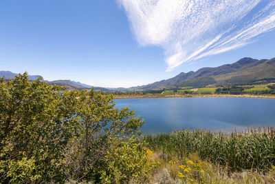 Panoramic view of franschhoek valley and pond, vine and garden route, western cape