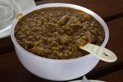 High angle view of food in bowl on table