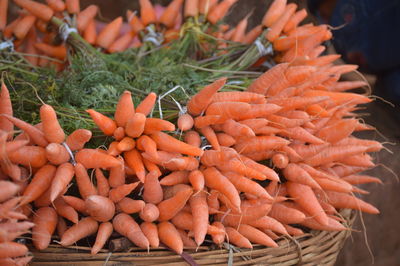 High angle view of vegetables, carrots for sale at market stall