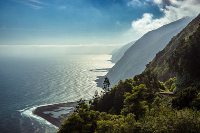 High angle view of sea and mountains against sky