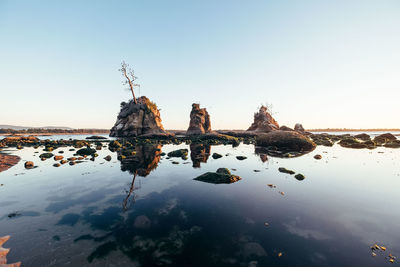 Reflection of rocks in lake against clear sky