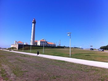 View of built structure against clear blue sky