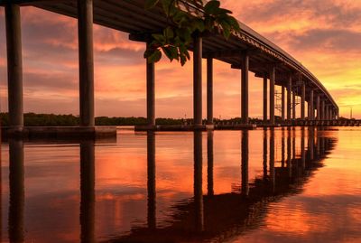 Bridge reflection in sea against sky during sunrise