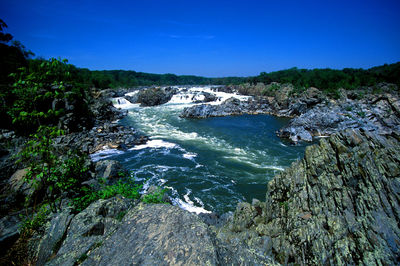 Scenic view of sea against clear blue sky