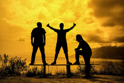 Silhouette friends at beach against cloudy sky