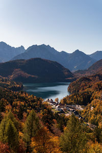 Scenic view of lake and mountains against clear sky