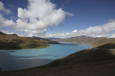 Scenic view of lake and mountains against sky