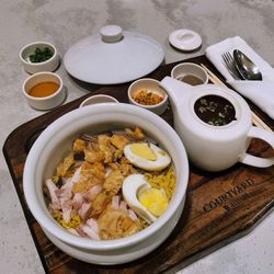 High angle view of breakfast served on table