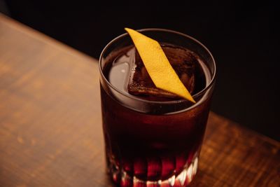 High angle view of drink in glass on table