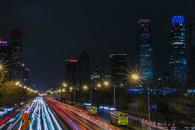 Light trails on road at night