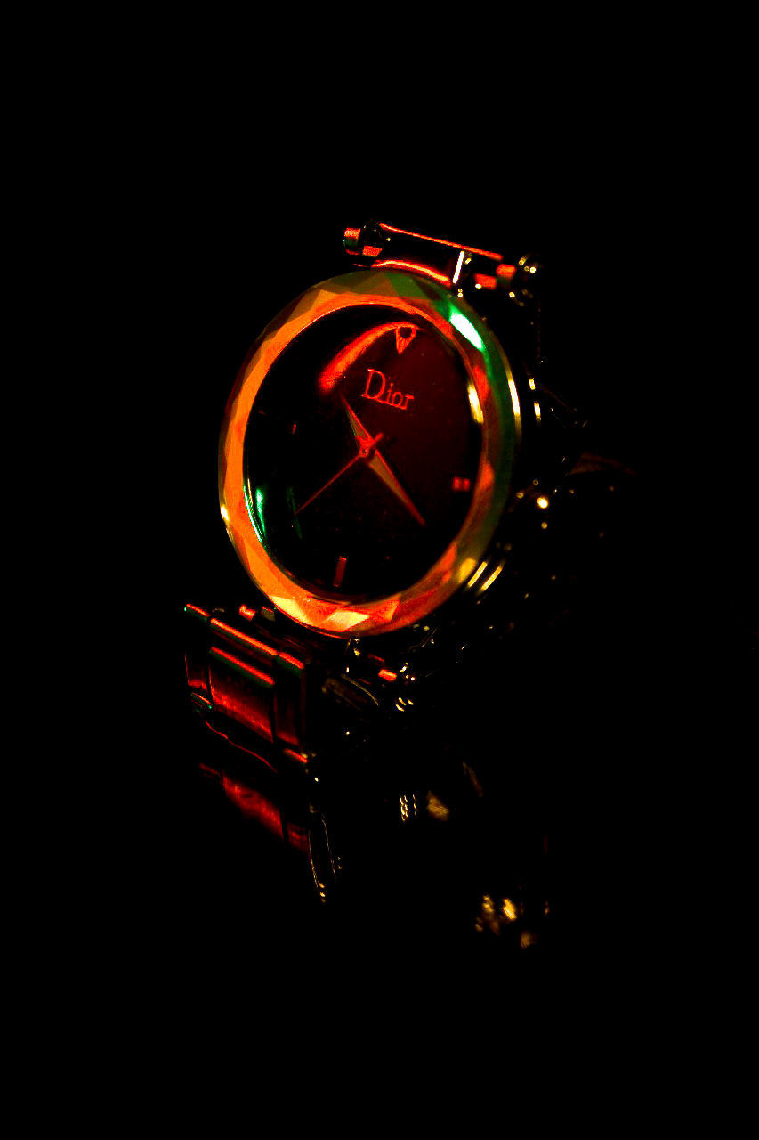 clock, illuminated, circle, darkness, black background, no people, time, indoors, font, studio shot, night, watch, copy space, close-up, lighting equipment, glowing