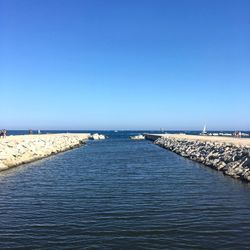 Scenic view of sea against clear blue sky