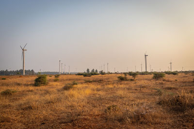 Wind turbines on field against sky during sunset