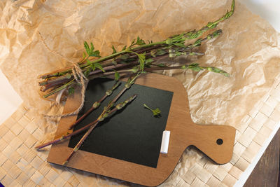 High angle view of food on cutting board