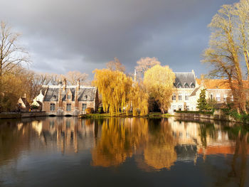 Reflection of trees and buildings in lake against sky