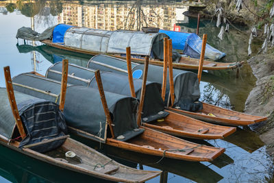 High angle view of boats moored in lake