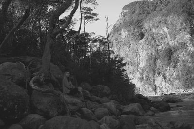 Rock formation by trees against sky