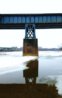 Reflection of bridge on river against sky