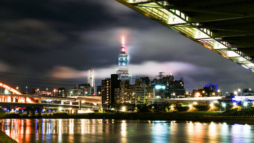 Illuminated buildings in city at night