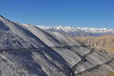 Scenic view of mountains against clear blue sky