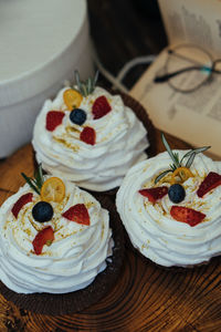 High angle view of dessert on table