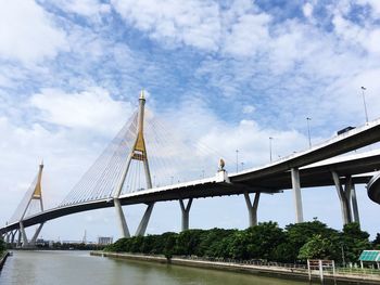 Low angle view of bridge over river against sky