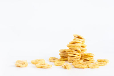 Close-up of cookies against white background