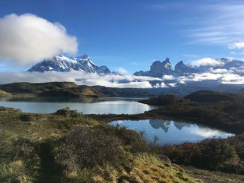 Scenic view of lake and mountains against sky