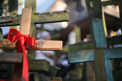 Close-up of padlocks on railing
