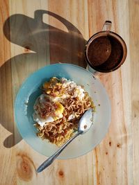 High angle view of breakfast served on table