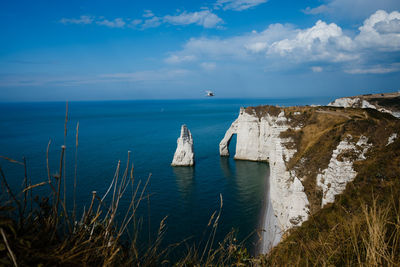 High view of the famous cliffs of etretat, normandie france