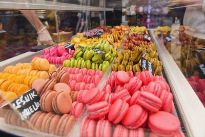 Colorful macaroons in bakery shop