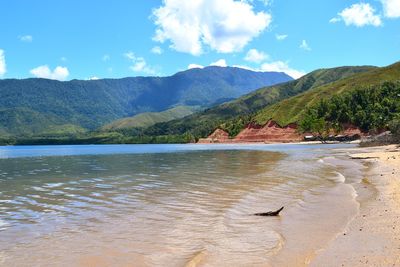 Scenic view of lake and mountains against sky