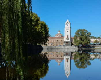 Reflection of trees in water against clear blue sky