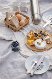 High angle view of breakfast on table