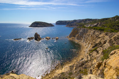 High angle view of rocks on beach against sky