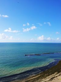 Scenic view of sea against blue sky