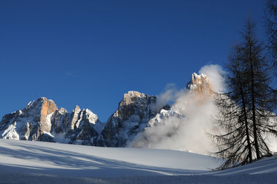 Scenic view of snowcapped mountains against clear blue sky