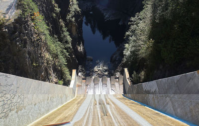 High angle view of road amidst trees