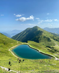 Scenic view of mountains with lake against sky